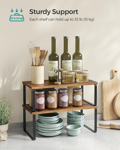 SONGMICS Cabinet Organizer Shelf, Set of 4 Kitchen Counter Shelves, Kitchen Storage, Spice Rack, Stackable, Expandable, Metal and Engineered Wood, Cloud White and Natural Beige UKCS010N01