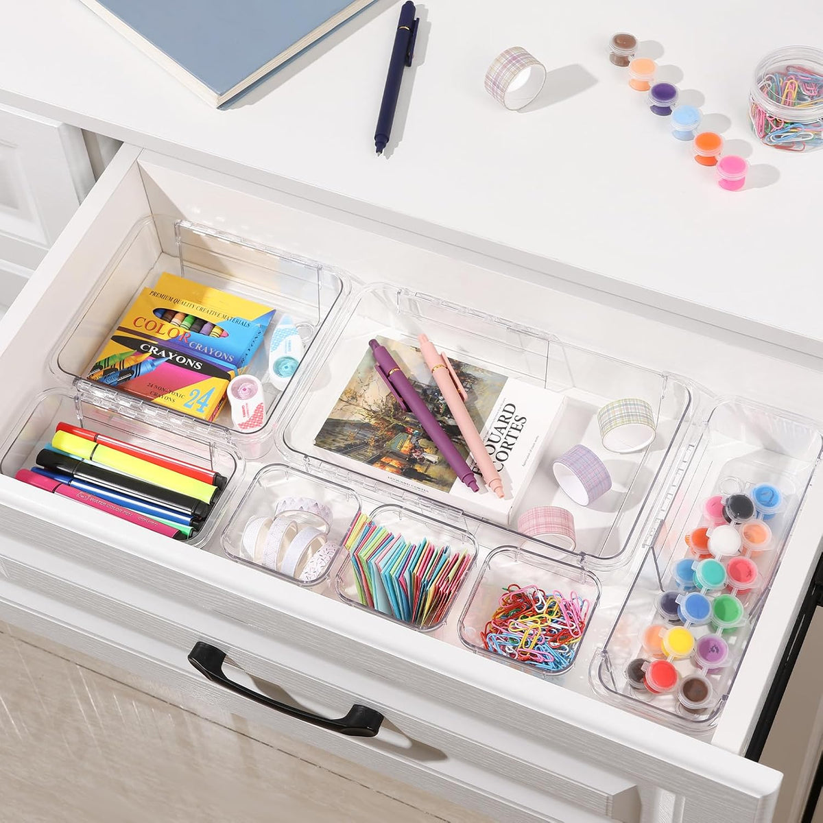 Adjustable Clear Drawer Organizer, Extendable Vanity Storage Bins, Desk Drawer Organizer Set for Makeup, Cosmetics, Bedroom, and Gadgets, Purple