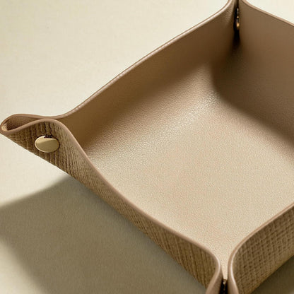OLETHA Small Foldable Valet Tray, Travel Essentials for Women, Portable Catchall Organizer for Jewelry & Keys, for Hotel Nightstands, Home Office & Desk, Aesthetic Faux Leather, Light Taupe