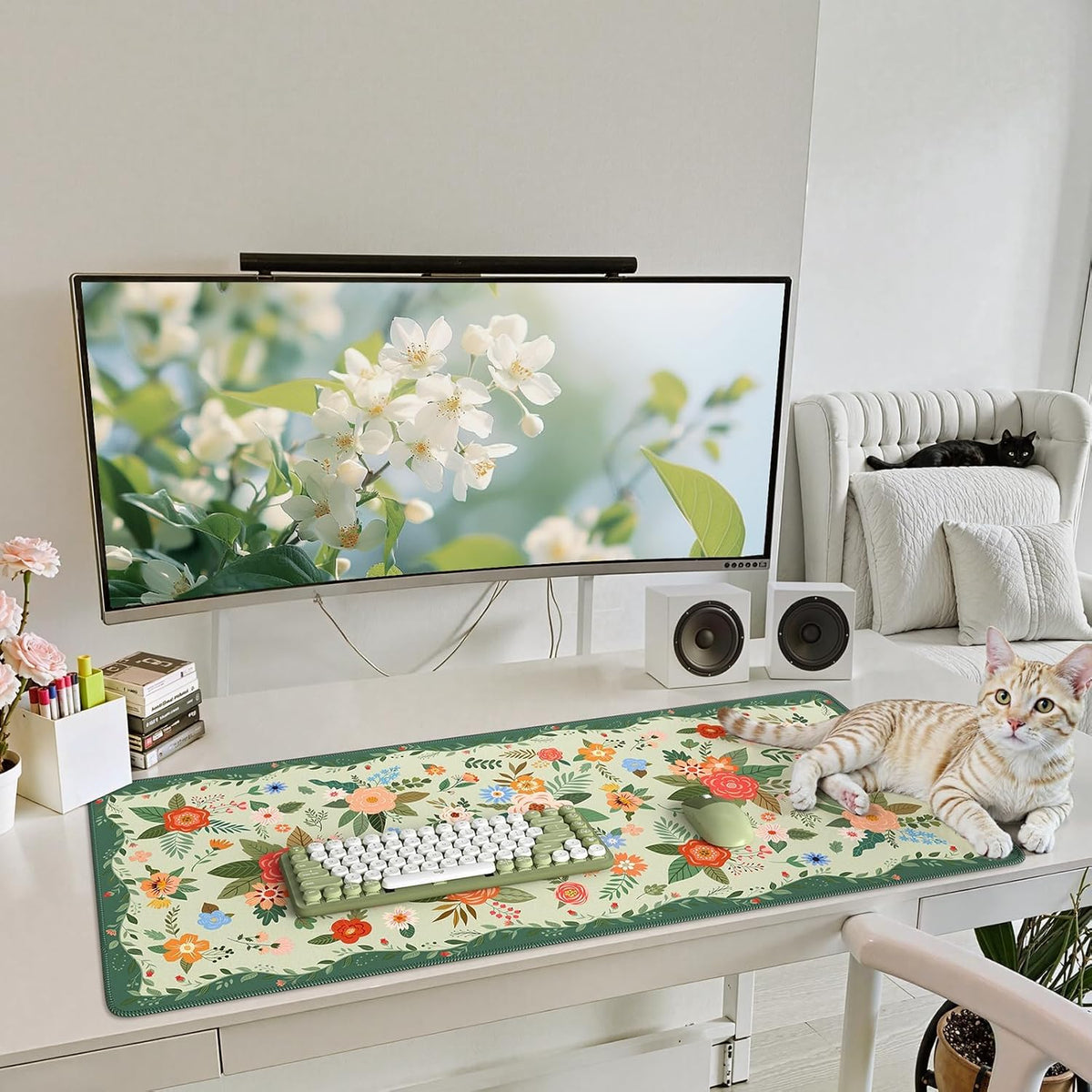 Desk Mat,Mouse Pad for Office Desk,35.4x15.7in,Pink Flowers