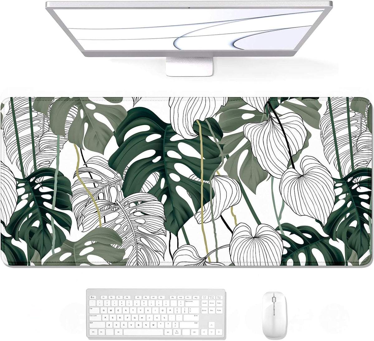 Auhoahsil Desk Mat, Ultra Large Mouse Pad, XXL Gaming Mousepad, Green Tropical Leaves Deskpad, Big Extended Full Size Mouse Pad, Desktop Desk Matt for Keyboard, Laptop & Computer, 35.5 x 15.7 in - Colors A