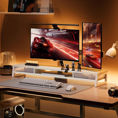 Fenge Dual Monitor Stand, Monitor Riser with Drawer, 42.5 Inch Large Computer Monitor Stand for 2 Monitors, 2 Tier Wooden Desk Shelf for Top of Desk