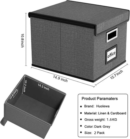 Upgraded Portable File Organizer Box with Lid, Collapsible Linen Hanging Filing Storage Boxes with Plastic Slides, Decorative Home/Office Filing System Box for File and Folders Storage (Gray)