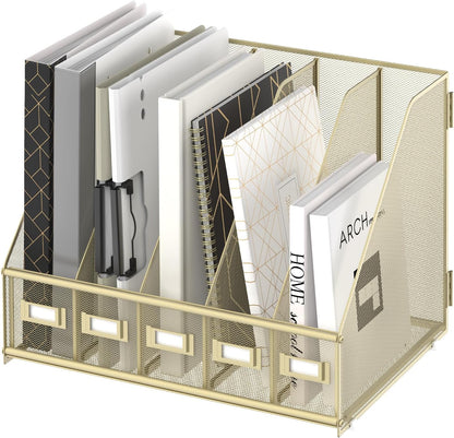 Desk Organizers Metal Desk Magazine File Holder with 5 Vertical Compartments Rack File Organizer for Office Desktop, Classroom, Home Workspace, Black