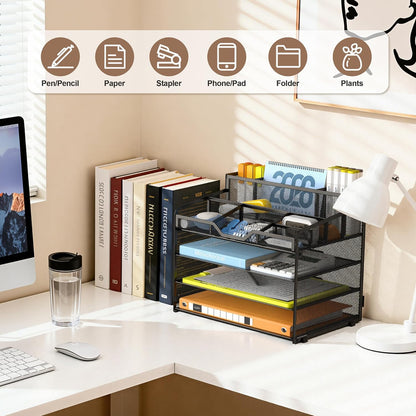 Docnest 5 Tier Mesh Desk Organizer for Paper Office Supplies – Multi-Functional Letter Tray with 5 Adjustable Compartments, 3 Pen Holders, Desktop Storage for Files, Mail, Stationery – Black