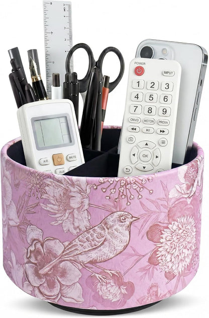 Round Leather Art Supply Organizer,Remote Control Holder,360 Degree Rotating,Multi-Functional Pencil Holder,4 Compartments Desktop Stationary Organizer(1-Blue Bird) - Colors A