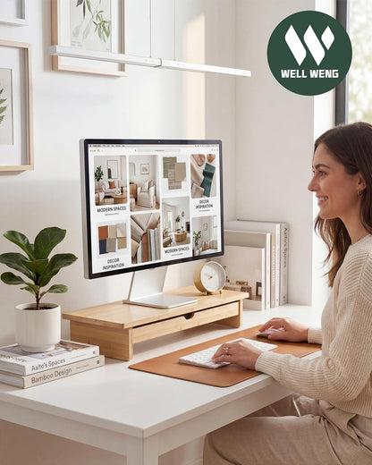 Bamboo Monitor Stand with Large Storage Drawer,23 Inch Ergonomic Computer Riser for Desk, Holds Up to 220lbs, Screen Shelf with 5 Compartments for Keyboard & Stationery Organization
