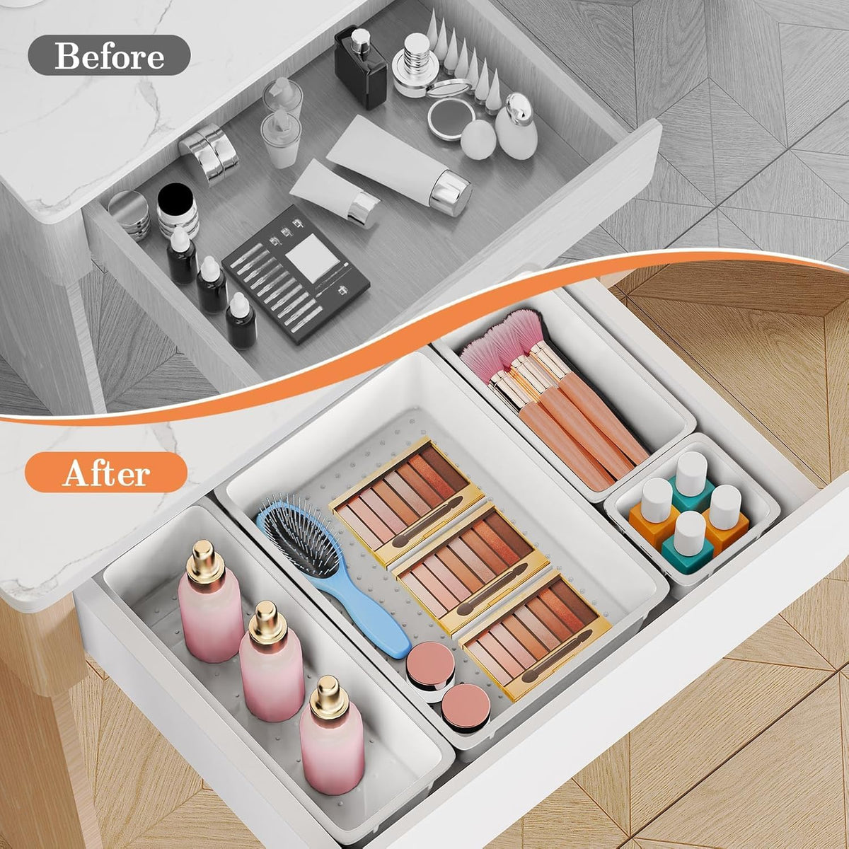 SpaceHacks 25 PCS Plastic Drawer Organizer Set, 4-Size Versatile Organizer Tool Trays & storage Bins for Makeup, Jewelry, and Gadgets in Bathroom, Bedroom and Office,Clear Black