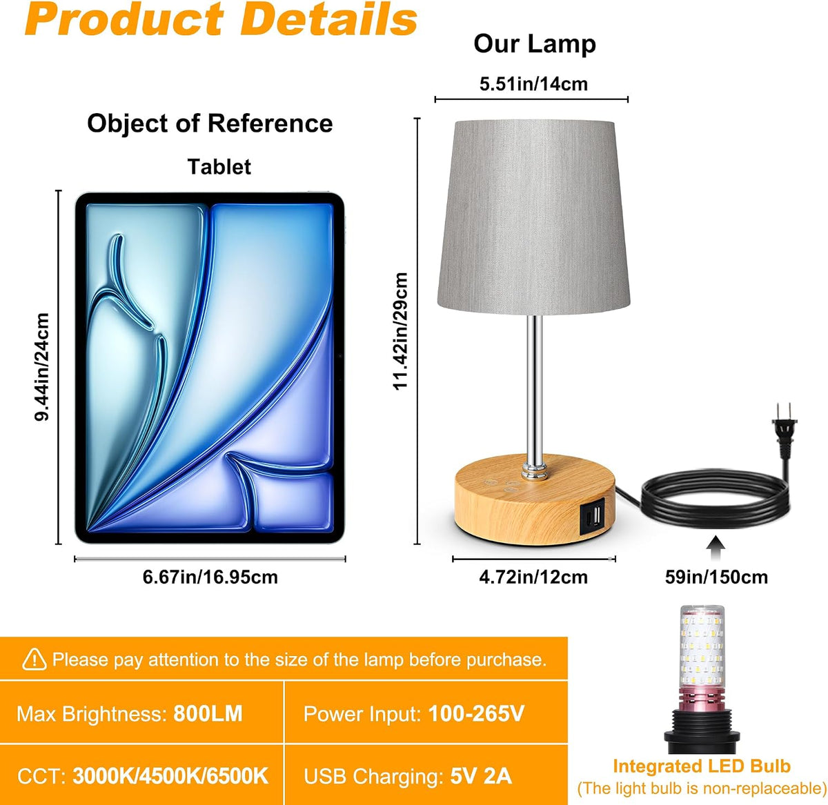 Ascher Small Bedside Table lamp, RGB Color Changing Lamps, 3 Color Temperatures, Dimmable Nightstand Lamp with USB C+A Ports, Touch Desk Lamp for Bedroom Living Room, H11.4in(Flaxen Shade)