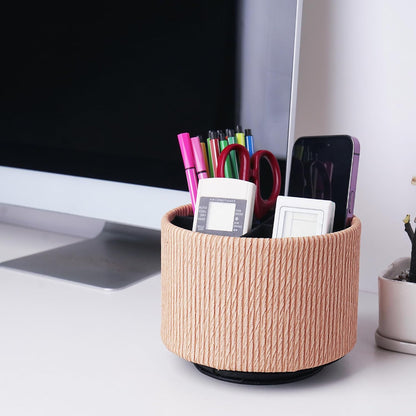Round Leather Art Supply Organizer,Remote Control Holder,360 Degree Rotating,Multi-Functional Pencil Holder,4 Compartments Desktop Stationary Organizer(1-Blue Bird) - Colors A