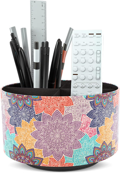Round Leather Art Supply Organizer,Remote Control Holder,360 Degree Rotating,Multi-Functional Pencil Holder,4 Compartments Desktop Stationary Organizer(1-Blue Bird) - Colors C