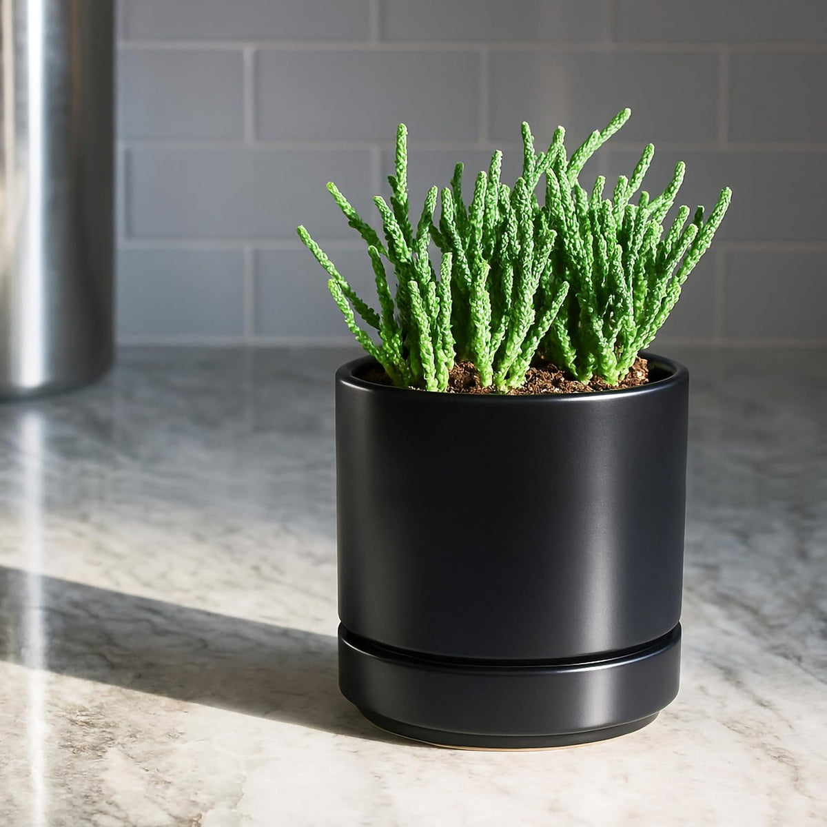 D'vine Dev 4.7 Inch Ceramic Planter Pot with Drainage Hole and Saucer, Indoor Cylinder Round Planter Pot, Teal, 94-O-B-9