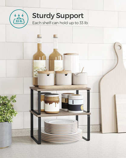SONGMICS Cabinet Organizer Shelf, Set of 4 Kitchen Counter Shelves, Kitchen Storage, Spice Rack, Stackable, Expandable, Metal and Engineered Wood, Cloud White and Natural Beige UKCS010N01