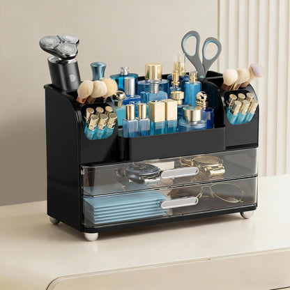 HBlife Makeup Organizer for Vanity with Brush Holder, Large Bathroom Countertop Cosmetic Organizer Skin Care Storage, Easy to Store Lipsticks, Nail Polishes, Perfumes, Eyeshadow Palettes, All White