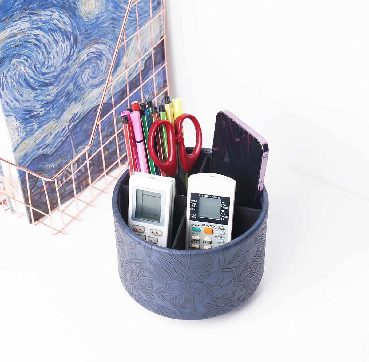 Round Leather Art Supply Organizer,Remote Control Holder,360 Degree Rotating,Multi-Functional Pencil Holder,4 Compartments Desktop Stationary Organizer(1-Blue Bird) - Colors B
