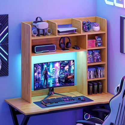 Desktop Bookshelf, Countertop Storage Hutch with 5 Shelves for Computer Desk, Desk 3-Tier Display Rack, Multipurpose Wood Desktop Hutch Storage Organizer for Dorm Office Home