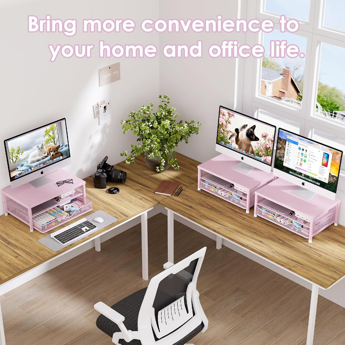 Desk Organizers and Accessories, Computer Monitor Stand Riser with Drawer and 2 Pen Holders, Printer & Laptop Stand, Office Desk Accessories & Workspace Organizers for Home Office Supplies, Black