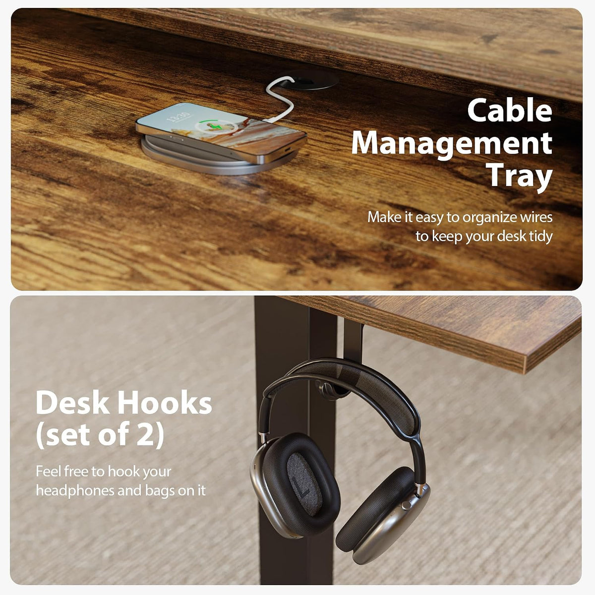 48 * 24 Inch Electric Standing Desk with Shelf & Led, Dark Walnut