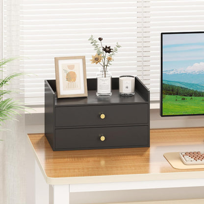 Bamboo Desk Organizer with Drawers Wooden Desktop Storage Drawers (1, Black 3 Drawer)