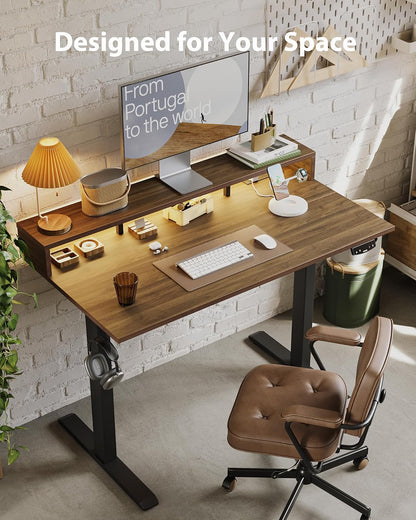 48 * 24 Inch Electric Standing Desk with Shelf & Led, Dark Walnut
