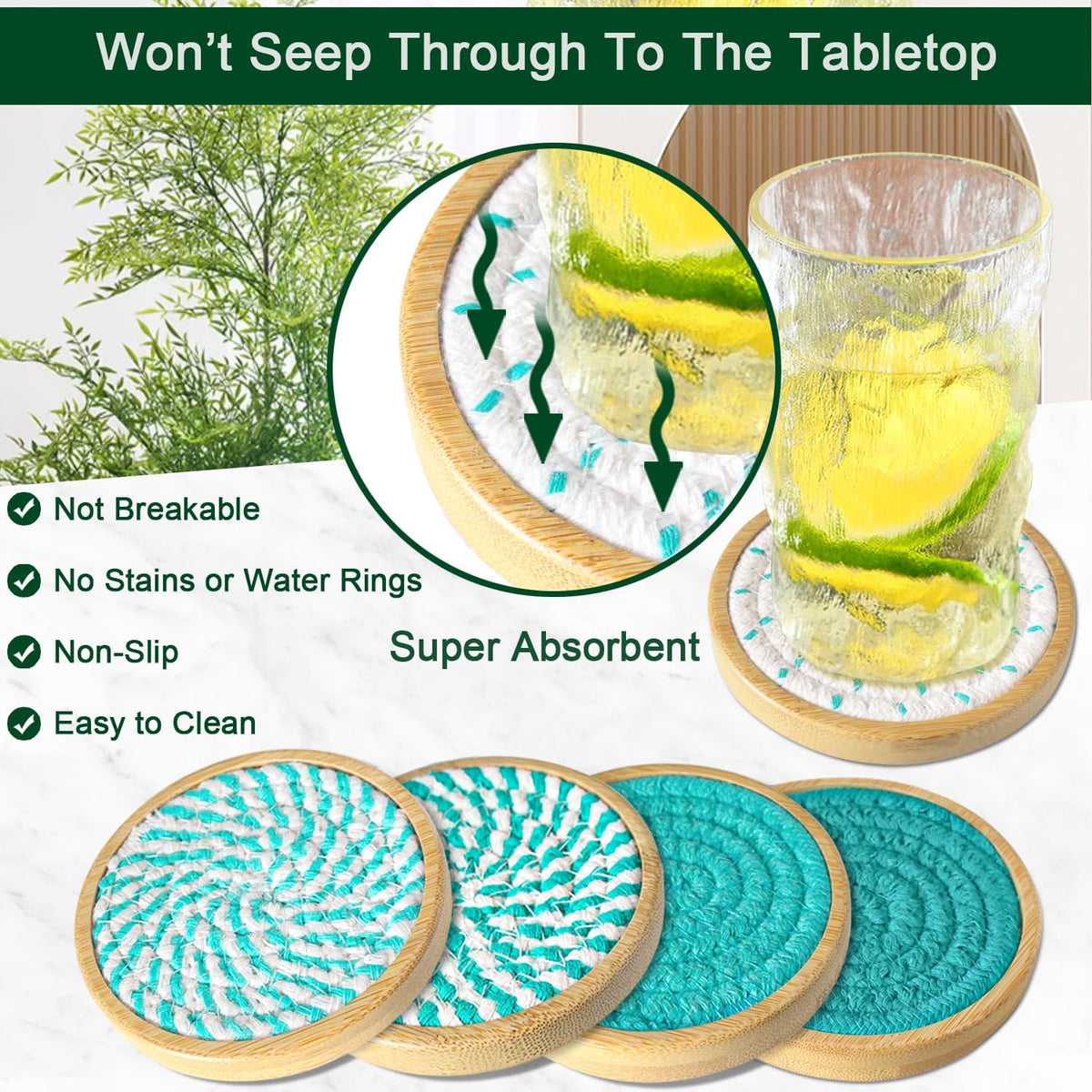 Wood Coasters for Drinks, Eykao Absorbent Coaster Sets of 5, Woven Drink Coasters for Coffee Table, Housewarming Gift for Farmhouse Home Decor,4 inches