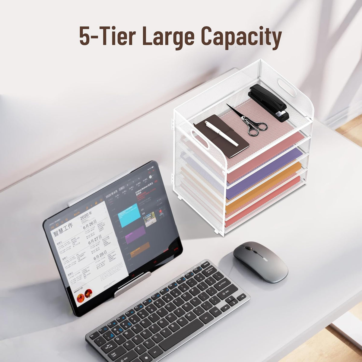 Supeasy 5 Trays Paper Organizer Letter Tray with Handle-Mesh Desk File Holders, Paper Sorter Desk Organizer for Office, Home, Classroom or School