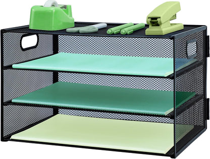Paper Letter Tray with Handle, 3 Tier Metal Mesh Desk File Organizer, A4 Paper Desktop Filing Trays, Desk Tidy Magazine Document Holder for Home Office, Black