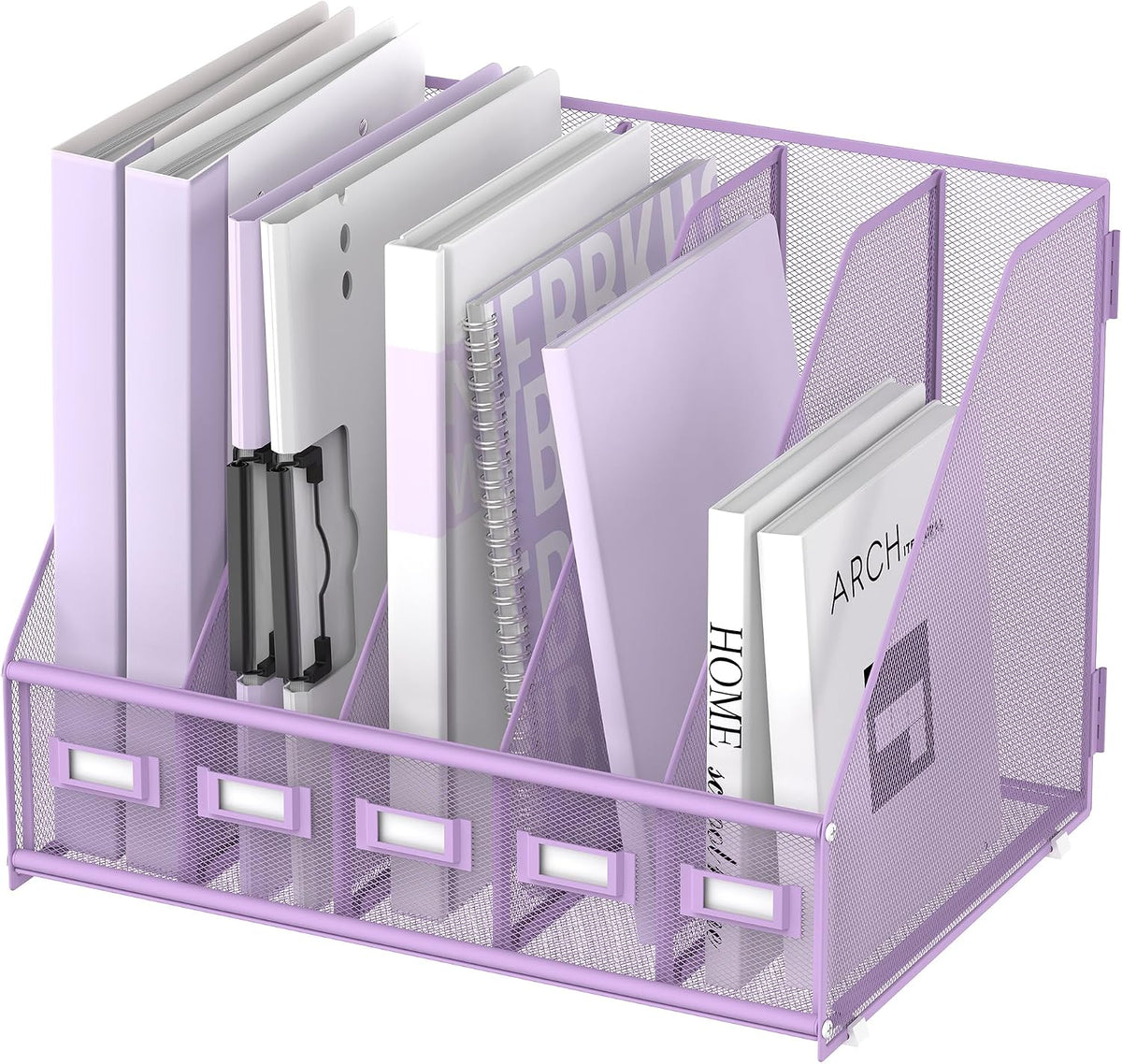 Desk Organizers Metal Desk Magazine File Holder with 5 Vertical Compartments Rack File Organizer for Office Desktop, Classroom, Home Workspace, Black