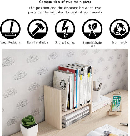 Jerry & Maggie Desktop Organizer Office Storage Rack Adjustable Wood Display Shelf Free Style Double H, Multi-Functional Mini Bookshelf for Desk Natural Stand (White)