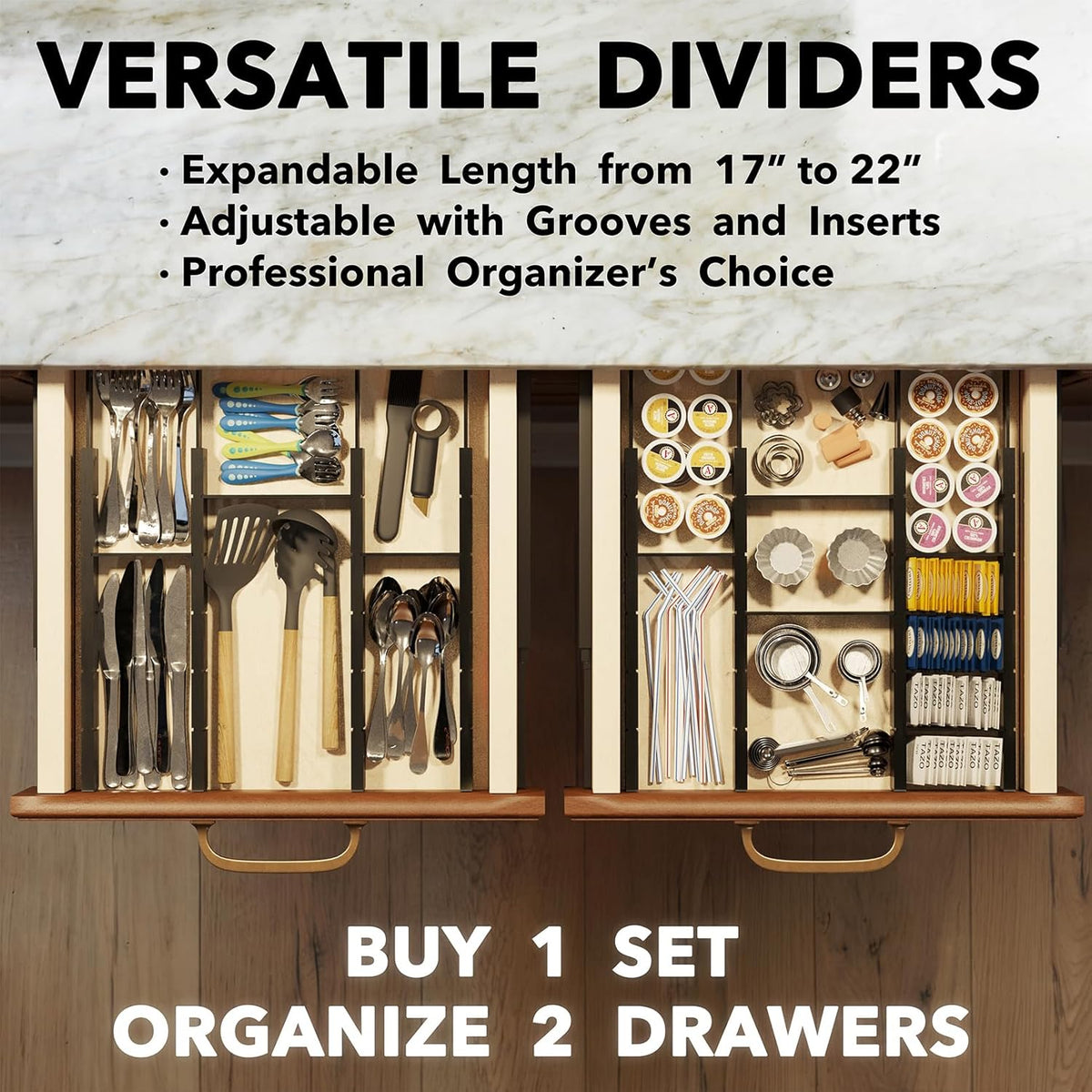 SpaceAid Bamboo Drawer Dividers with Inserts and Labels, Kitchen Adjustable Drawer Organizers, Expandable Organization for Home, Office, Dressers, 4 Dividers with 9 Inserts (17"-22" Natural)