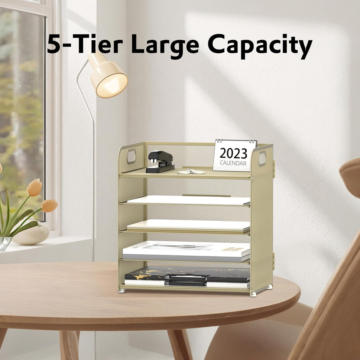 Supeasy 5 Trays Paper Organizer Letter Tray with Handle-Mesh Desk File Holders, Paper Sorter Desk Organizer for Office, Home, Classroom or School