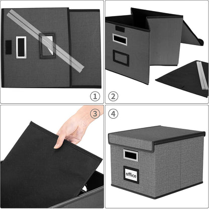 Upgraded Portable File Organizer Box with Lid, Collapsible Linen Hanging Filing Storage Boxes with Plastic Slides, Decorative Home/Office Filing System Box for File and Folders Storage (Gray)