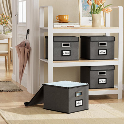 Upgraded Portable File Organizer Box with Lid, Collapsible Linen Hanging Filing Storage Boxes with Plastic Slides, Decorative Home/Office Filing System Box for File and Folders Storage (Gray)