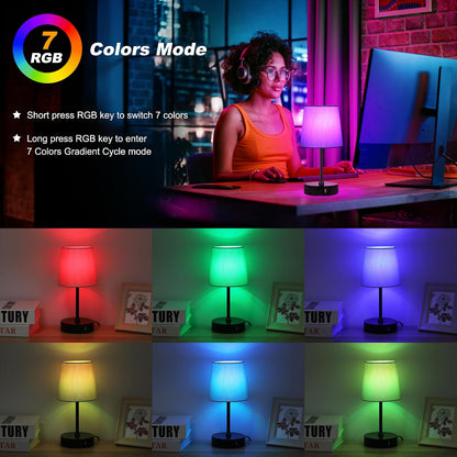 Ascher Small Bedside Table lamp, RGB Color Changing Lamps, 3 Color Temperatures, Dimmable Nightstand Lamp with USB C+A Ports, Touch Desk Lamp for Bedroom Living Room, H11.4in(Flaxen Shade)