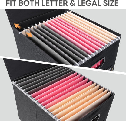 BALEINE File Organizer Box with Lid, Collapsible File Folder Organizer with Plastic Slide, Hanging File Folder Box for Office Document Storage (Black)