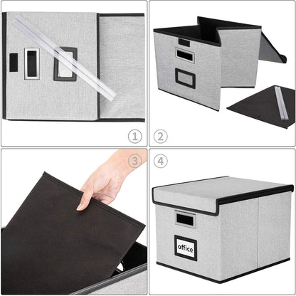 Upgraded Portable File Organizer Box with Lid, Collapsible Linen Hanging Filing Storage Boxes with Plastic Slides, Decorative Home/Office Filing System Box for File and Folders Storage (Gray)