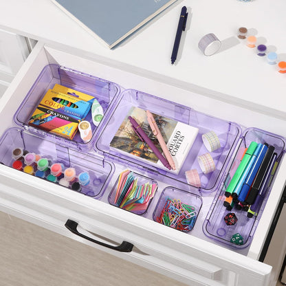 Adjustable Clear Drawer Organizer, Extendable Vanity Storage Bins, Desk Drawer Organizer Set for Makeup, Cosmetics, Bedroom, and Gadgets, Purple