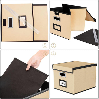 Upgraded Portable File Organizer Box with Lid, Collapsible Linen Hanging Filing Storage Boxes with Plastic Slides, Decorative Home/Office Filing System Box for File and Folders Storage (Gray)
