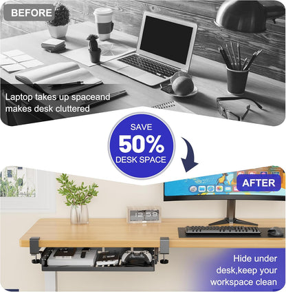 No Drill Under Desk Laptop Mount, Metal Under Desk Storage Shelf with Cable Management, Laptop Storage Tray for MacBook, Keyboard, Mac Mini, Anti-Scratch Silicone, Fits Office, Gaming, Workstations