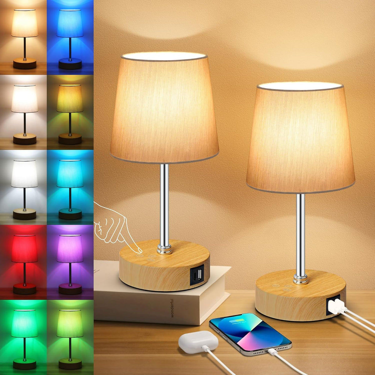 Ascher Small Bedside Table lamp, RGB Color Changing Lamps, 3 Color Temperatures, Dimmable Nightstand Lamp with USB C+A Ports, Touch Desk Lamp for Bedroom Living Room, H11.4in(Flaxen Shade)