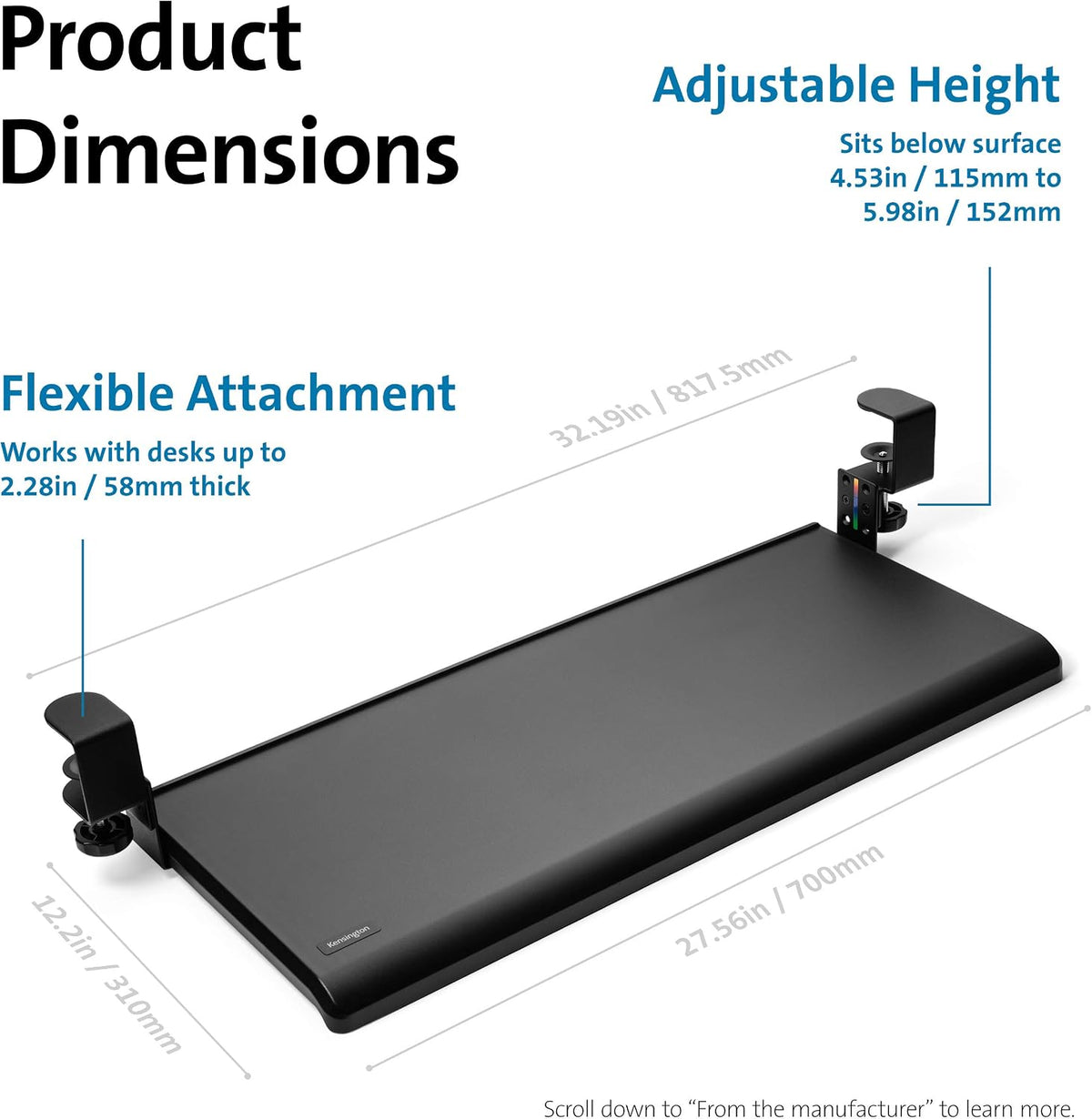 Clamp-On Keyboard Tray, Under Desk Keyboard Drawer with Cable Management, Ergonomic Smartfit Slide-out Height Adjustable Keyboard Holder, Black 13.3"x32.4"x2.4" K55407WW