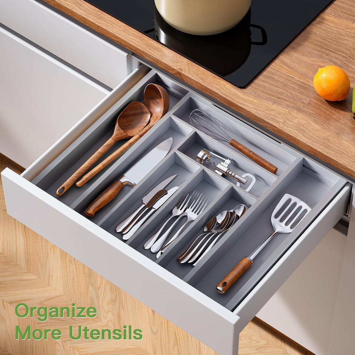 Pipishell Bamboo Expandable Silverware Drawer Organizer, Adjustable Kitchen Utensil Tray for Forks, Spoons and Knives, Wood Storage Cutlery Holder for Bedroom and Living Room