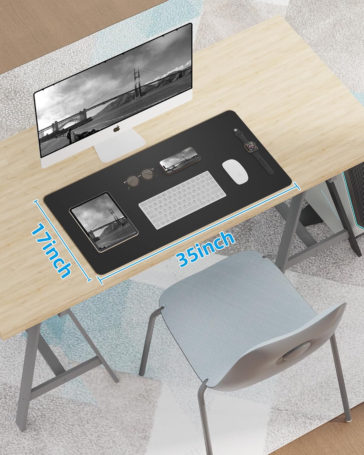 Large Desk pad mat,Mouse Pad,Office Desk Mat, Non-Slip PU Leather Desk Blotter,Large Desk pad,Waterproof Keyboard mat for Office/Home/Decor (Black,48" x 17")