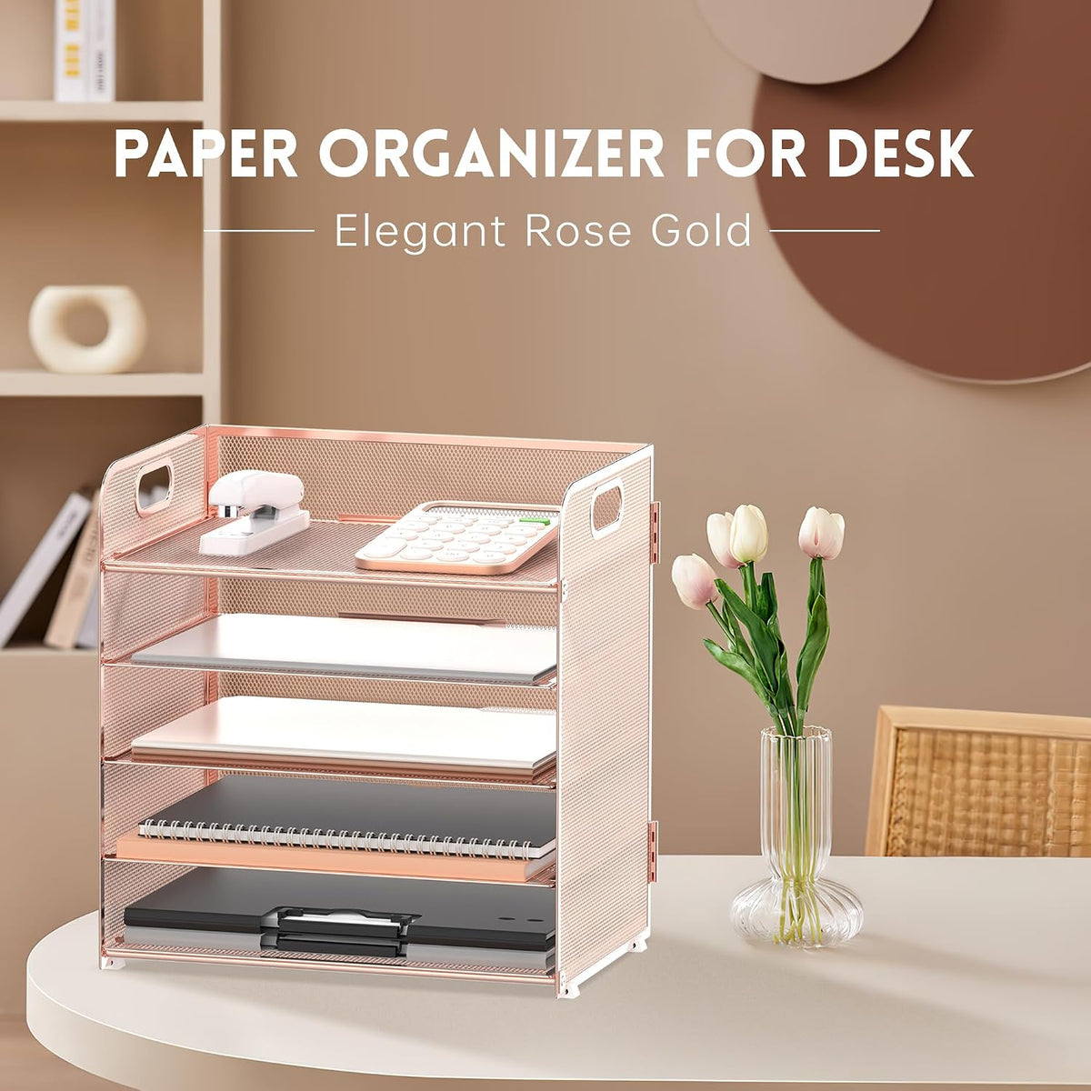 Supeasy 5 Trays Paper Organizer Letter Tray with Handle-Mesh Desk File Holders, Paper Sorter Desk Organizer for Office, Home, Classroom or School