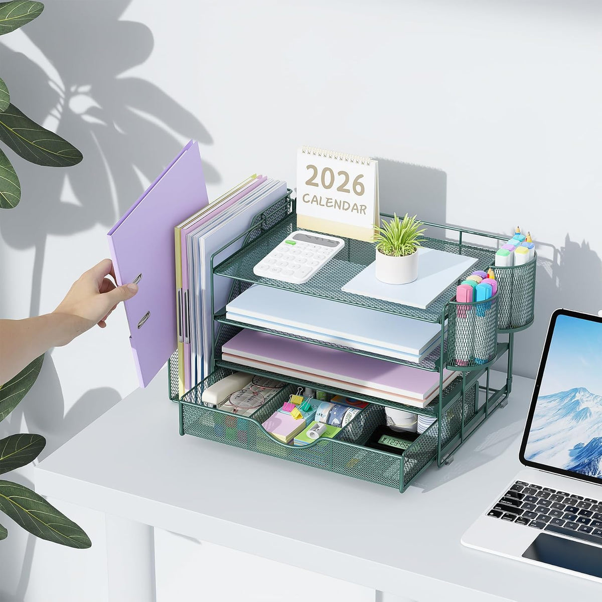 gianotter Desk Organizers and Accessories with File Holder, 4-Tier Desk Accessories & Workspace Organizers with Drawer and 2 Pen Holder, Paper Organizer for Office Supplies (Rose Gold)
