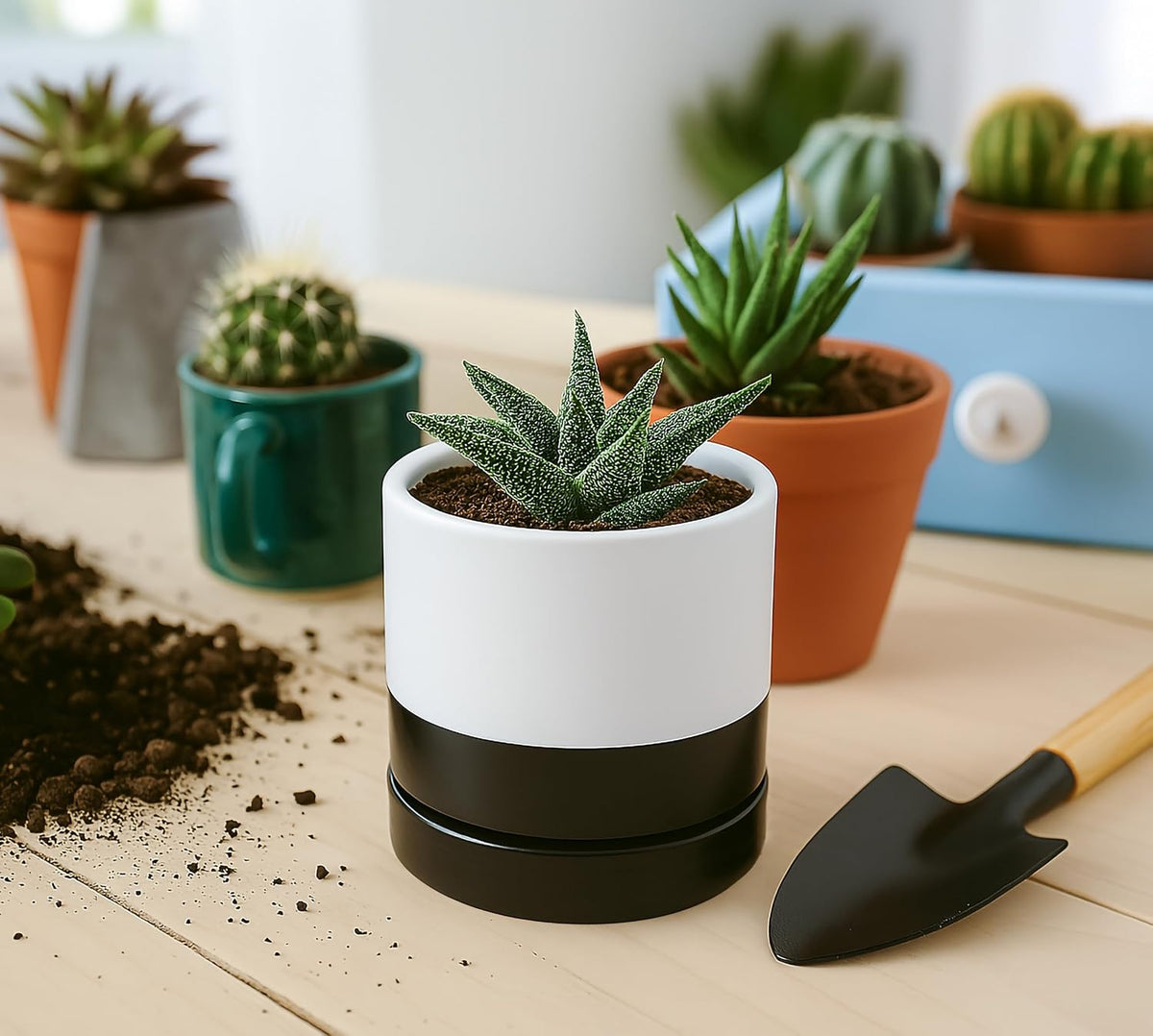 D'vine Dev 4.7 Inch Ceramic Planter Pot with Drainage Hole and Saucer, Indoor Cylinder Round Planter Pot, Teal, 94-O-B-9