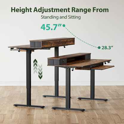 48 * 24 Inch Electric Standing Desk with Shelf & Led, Dark Walnut