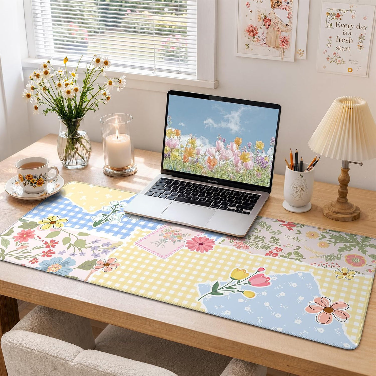 Desk Mat,Mouse Pad for Office Desk,35.4x15.7in,Pink Flowers