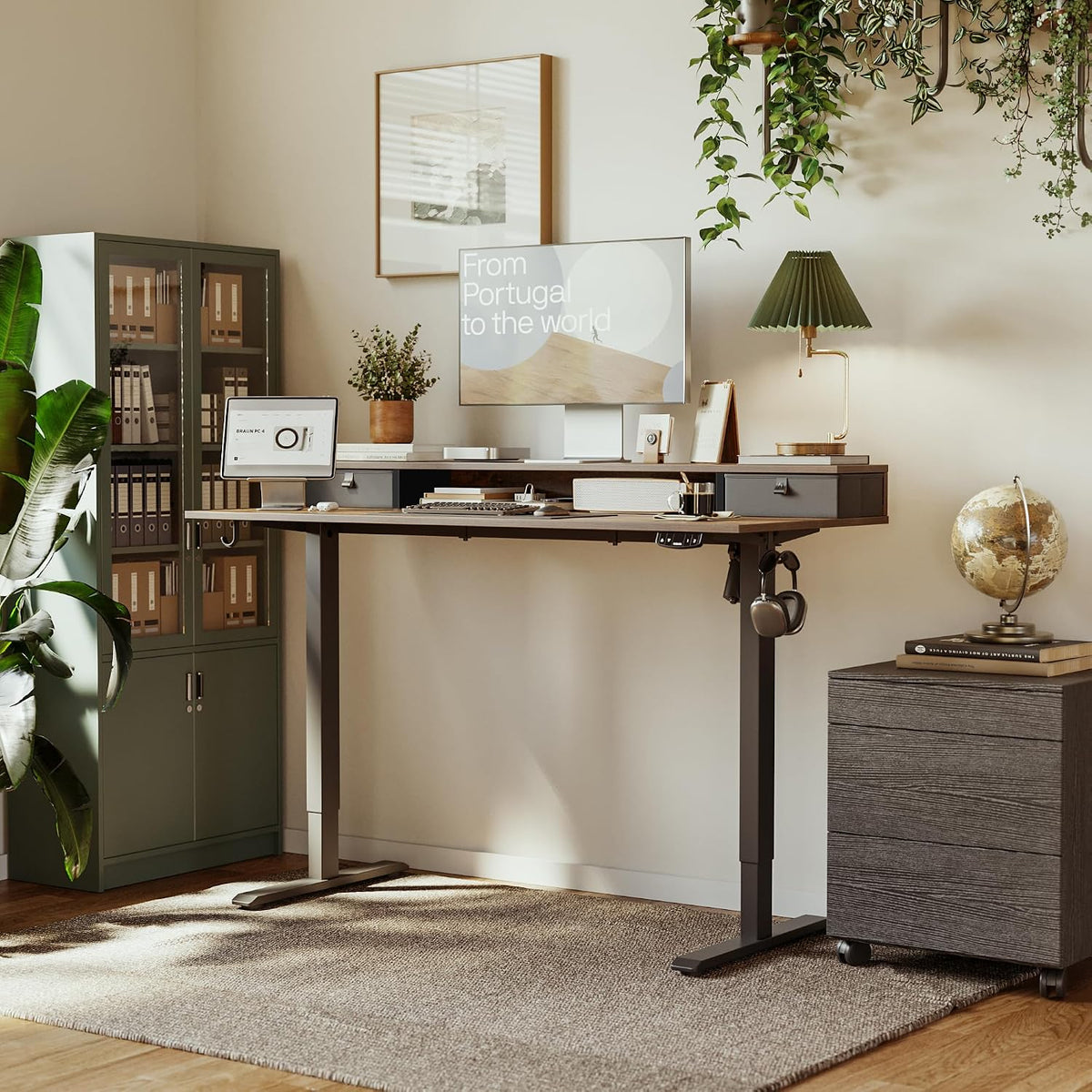 48 * 24 Inch Electric Standing Desk with Shelf & Led, Dark Walnut