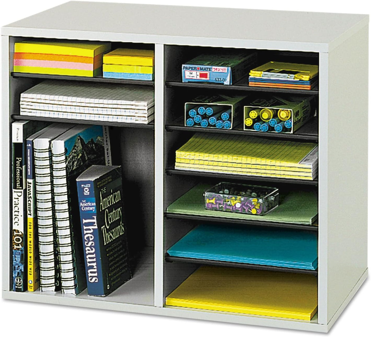 Safco 9422GR Wood Adjustable Literature & Paper Organizer, 16 Adjustable Compratment, Stackable Durable Construction, Home, Office, Mailroom, Classroom Mailbox , Gray